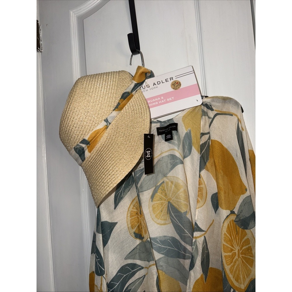 Marcus Adler Ruana & Matching Hat Set Lemons & Leaves One Size Women's Beach Set - Picture 2 of 8